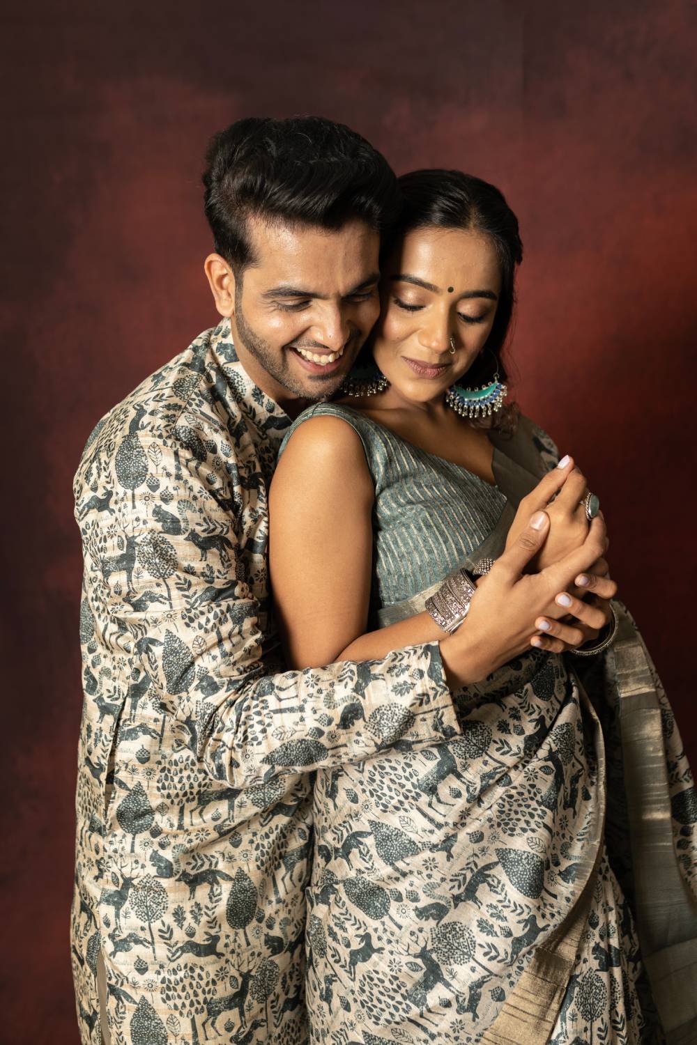 Tussar Floral Fusion Couple Outfit Geetha Creation