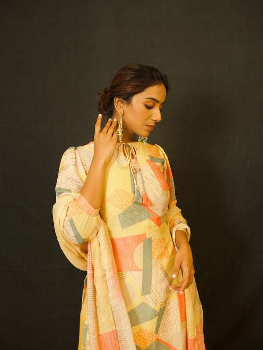 Yellow Geometric Co-ord Unstitched Salwar Set