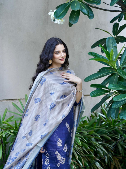 Midnight Blue Floral Ready to Wear Silk Kurti Set